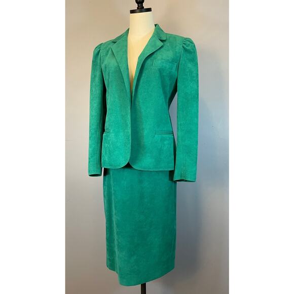 Vtg 1980s Jewel Tone Green Ultra Suede Skirt Set Suit Adolph Schuman Lilli Ann - Picture 3 of 10